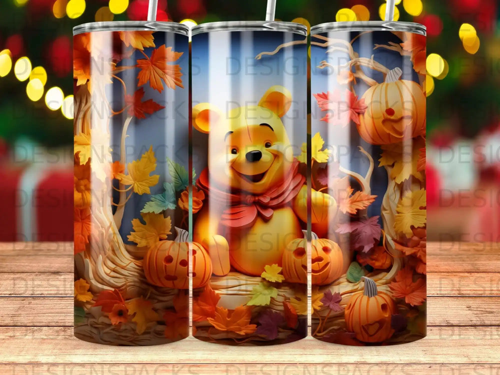 Winnie the Pooh with pumpkins and autumn leaves on a tree trunk.