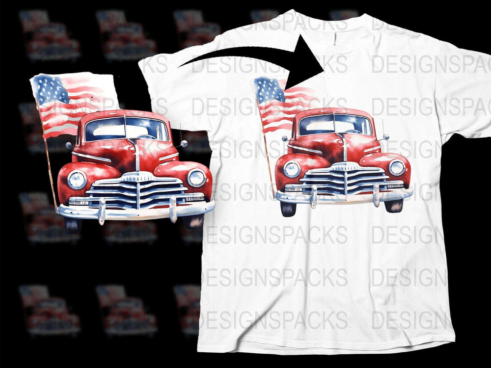 Vintage Red Car and American Flag T-Shirt, Classic Automobile Graphic Tee, Patriotic Summer Top for Men and Women