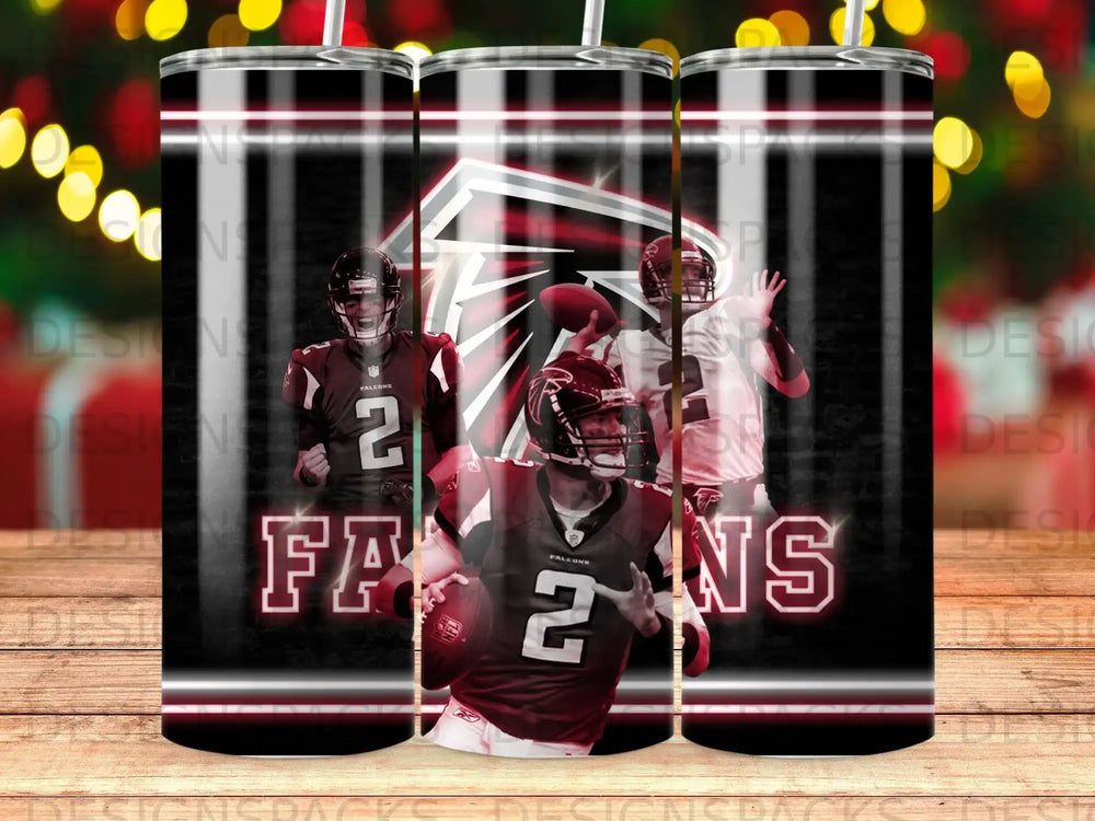 Atlanta Falcons players and logo on a black tumbler design.
