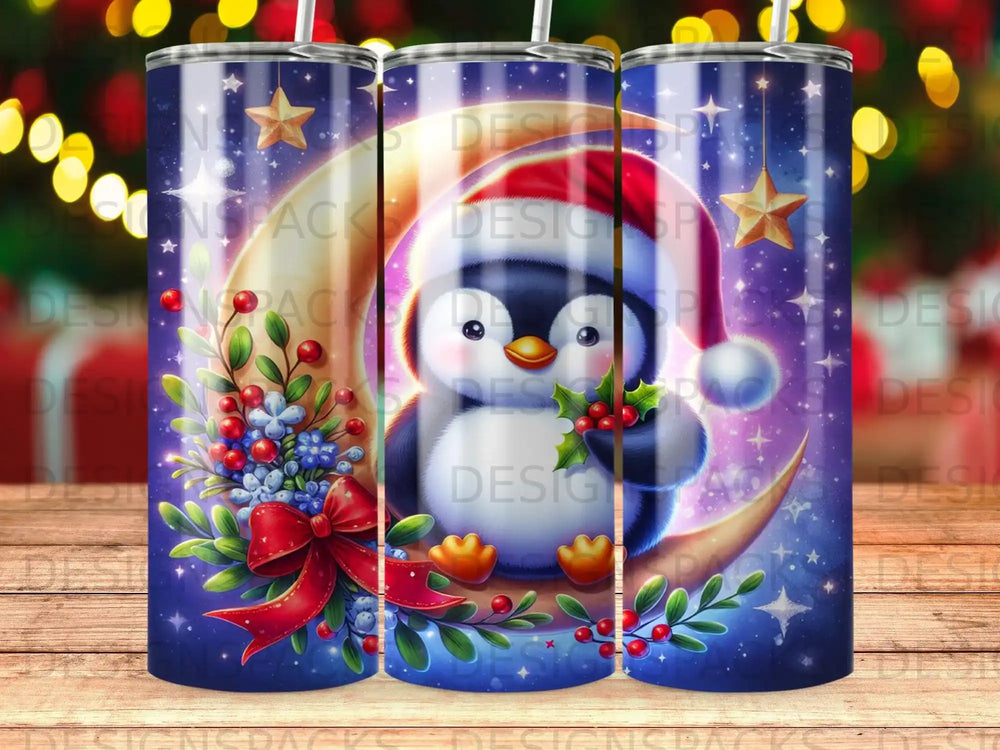 Penguin in Santa hat sits on moon with festive decorations.