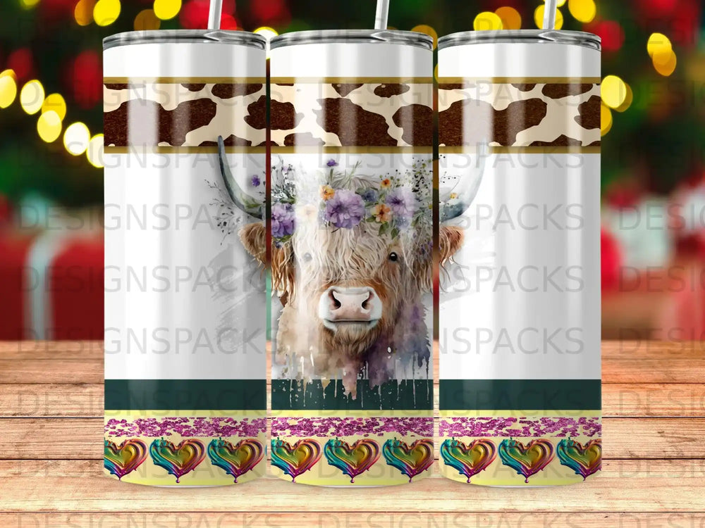 Cow face with floral crown, patterned background on three tumblers.