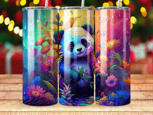 Panda surrounded by colorful flowers and abstract shapes.