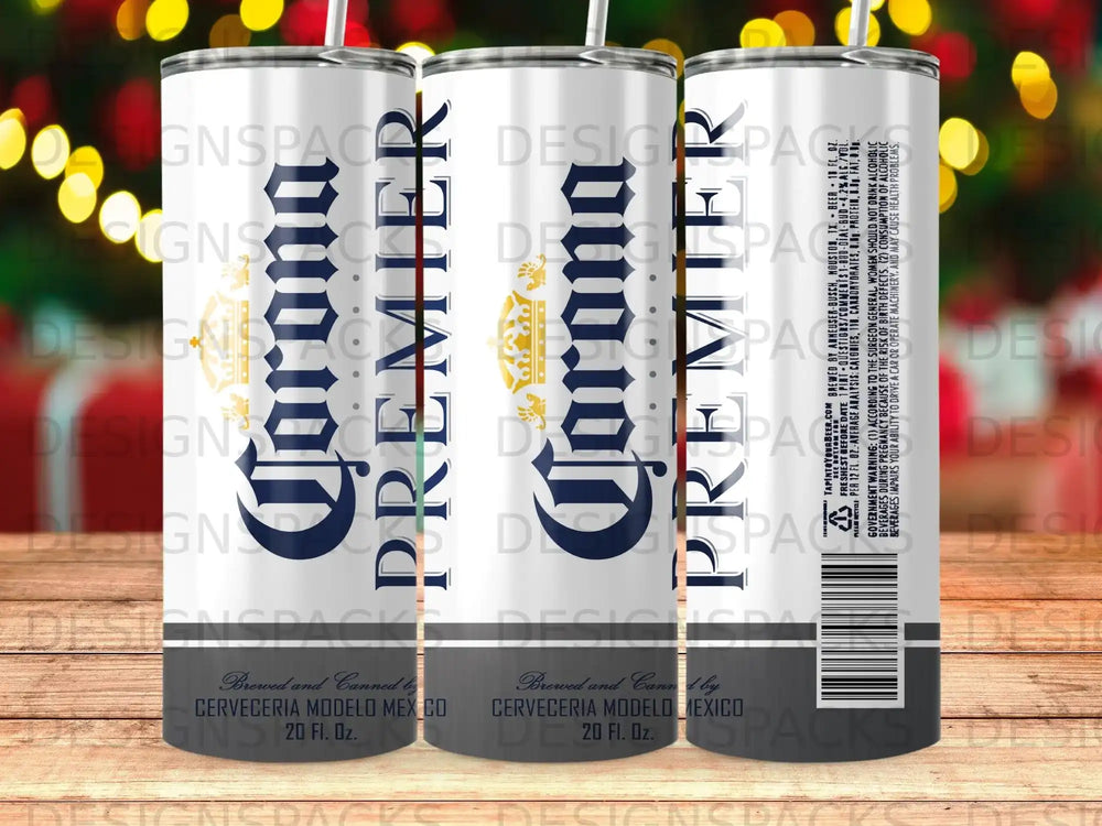 Corona Premier can with crown logo, showing text and nutritional information.