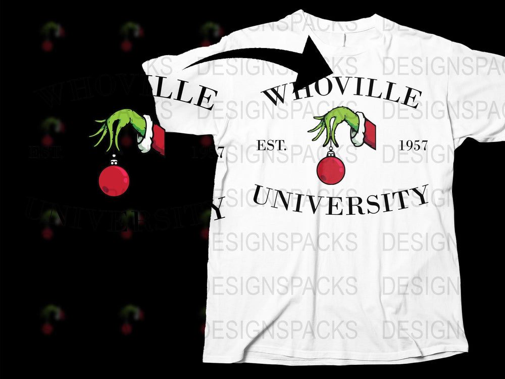 Whoville Est. 1957 Christmas T-Shirt, Unisex Grinch Graphic Tee, Holiday Seasonal Apparel, Festive White Shirt with Red Ornament Design