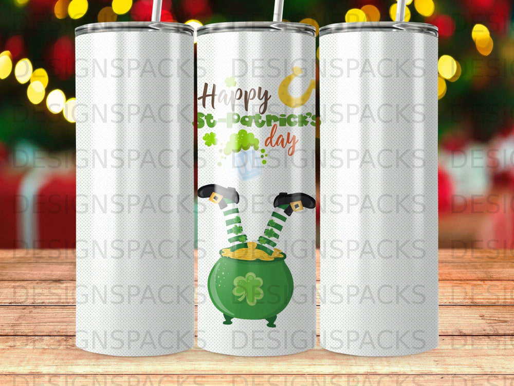 St. Patrick's Day tumbler with a pot of gold and festive legs.