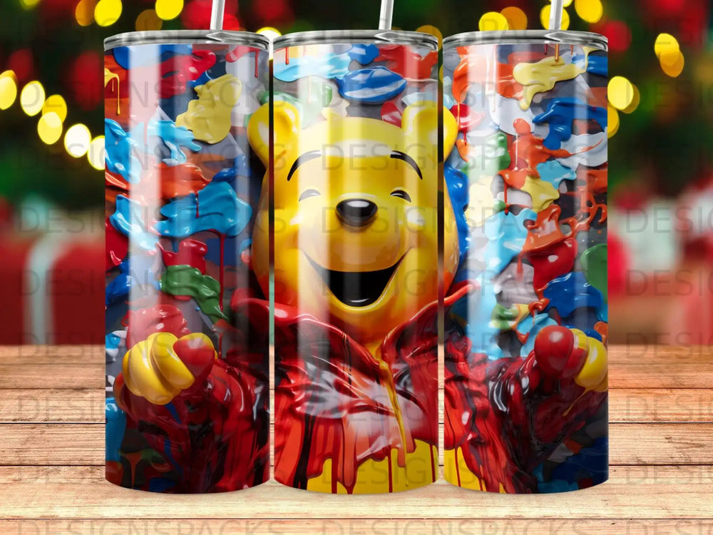 Three tumblers featuring a smiling Winnie the Pooh surrounded by colorful, melted candy.