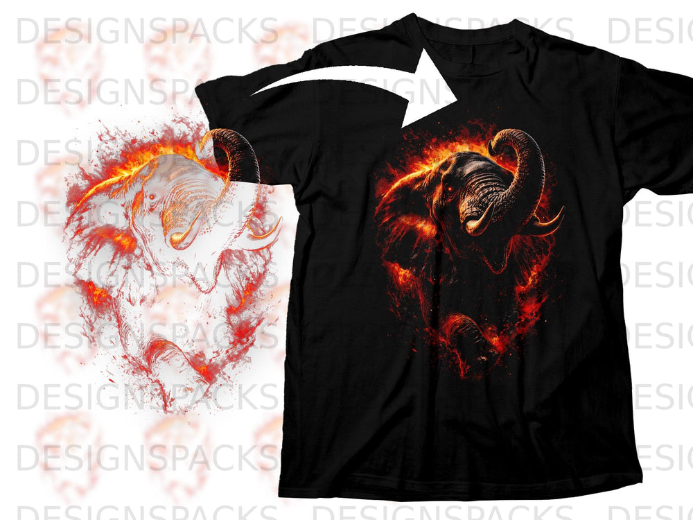 Black t-shirt featuring an elephant graphic with fiery red and orange accents.