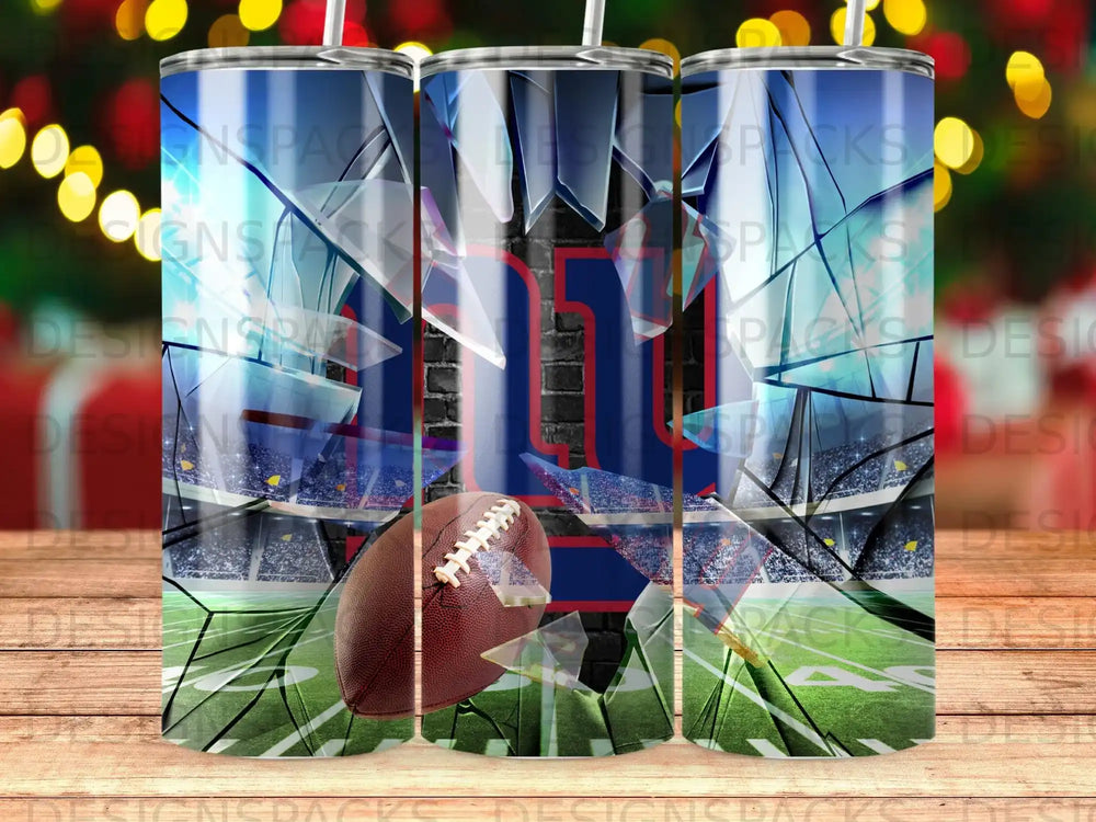 Football stadium and ball bursting through shattered glass design.