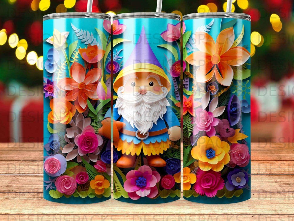 Gnome with flowers and watering can on striped tumbler wrap.