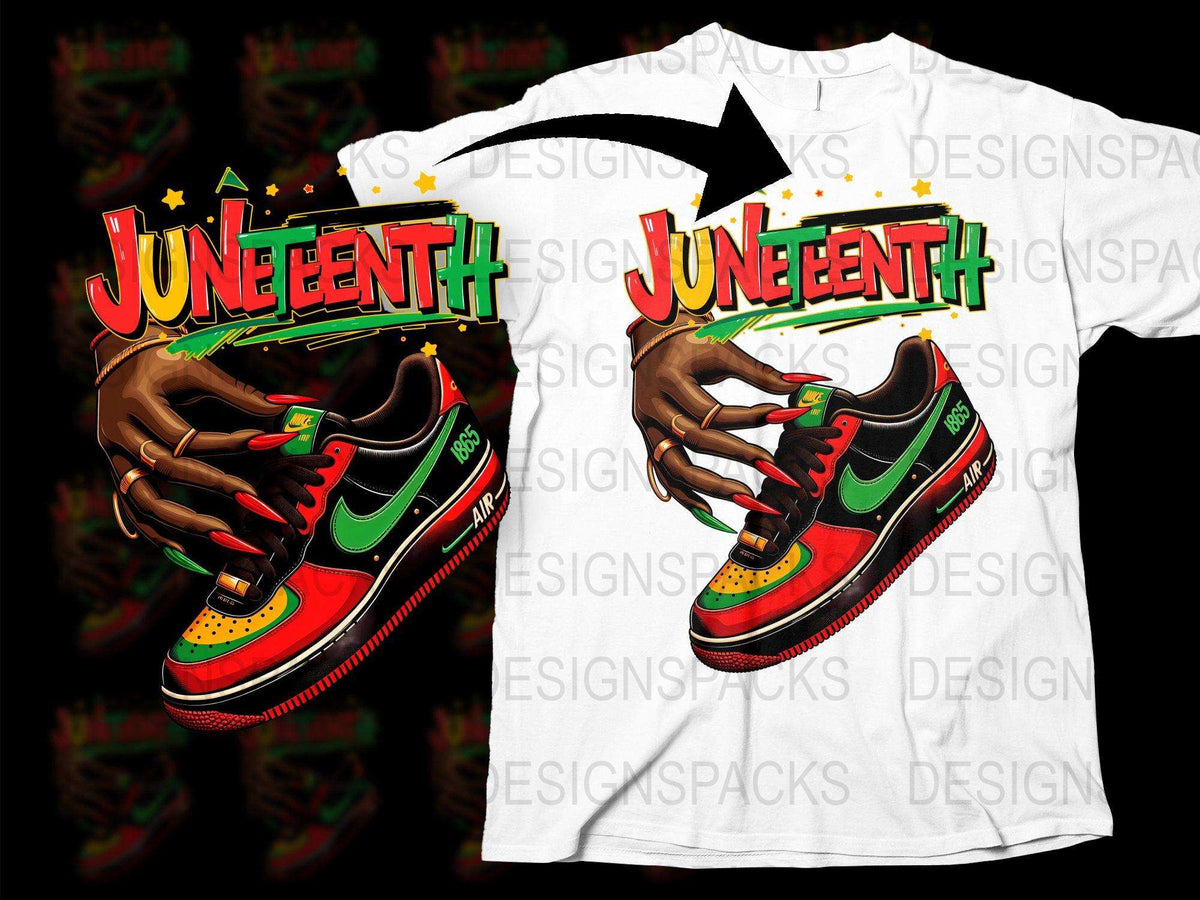 Juneteenth Celebration T-Shirt with Sneaker Graphics, Vibrant Red Green Black Design, Unisex Fashion Tee, Custom Holiday Apparel
