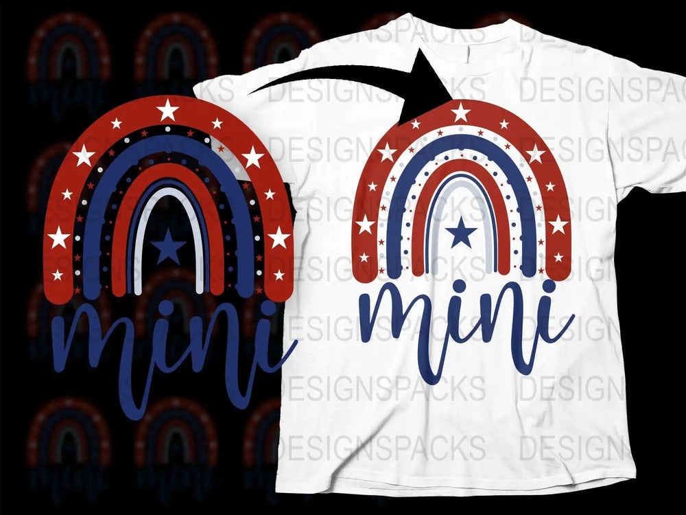 Mini Rainbow Graphic T-Shirt, Patriotic Stars and Stripes Design, Red White Blue Kids Tee, Trendy Children's Clothing for Summer
