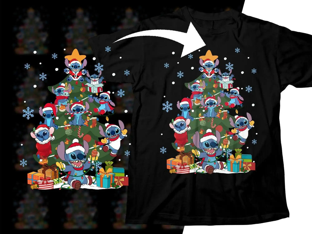 Stitch Christmas tree design on black t-shirt, festive holiday print with snowflakes and gifts, DTF/DTG ready