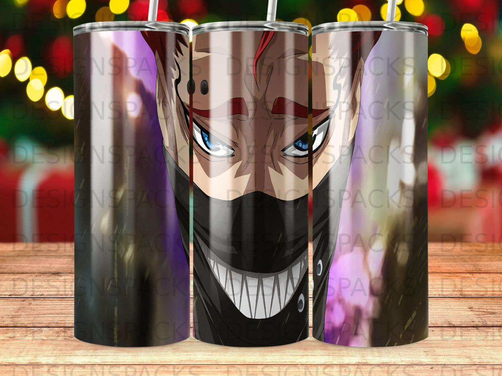 Anime character with mask and sharp teeth on a tumbler.