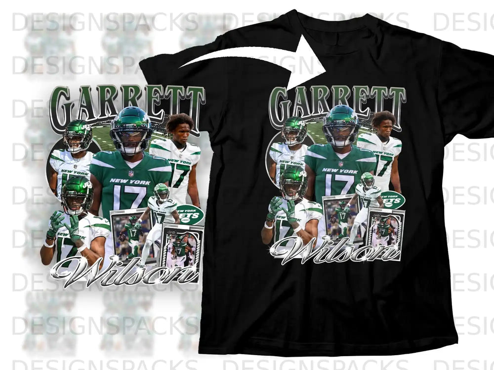Black t-shirt featuring football player Garrett Wilson of the New York Jets.