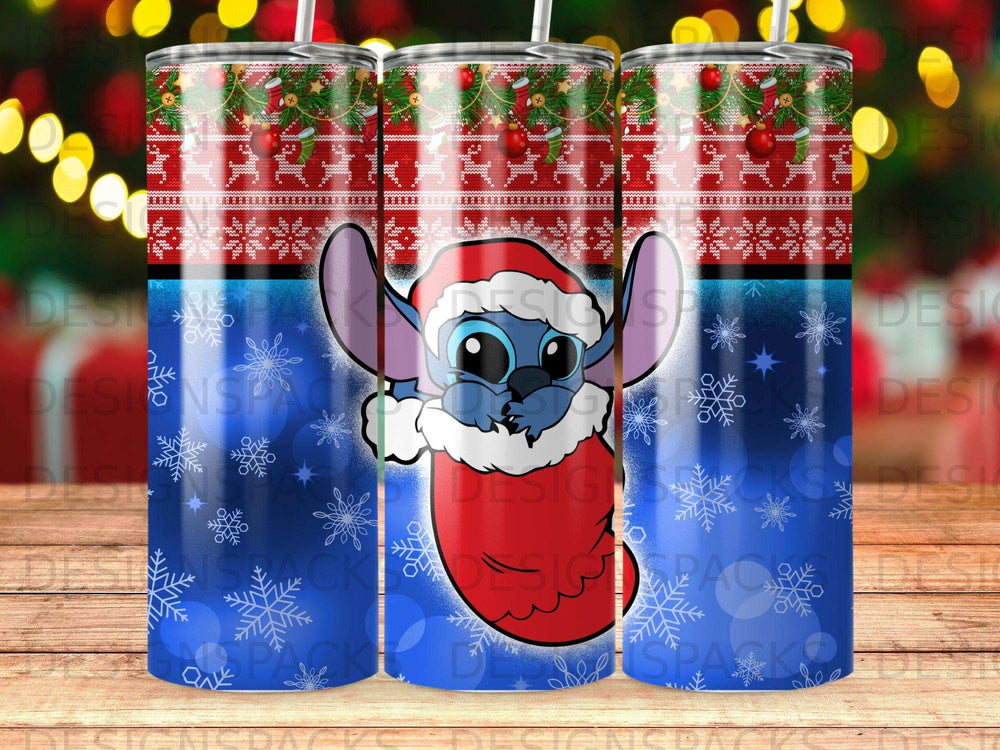 Stitch in Santa's sock with snowflakes and winter-themed border.