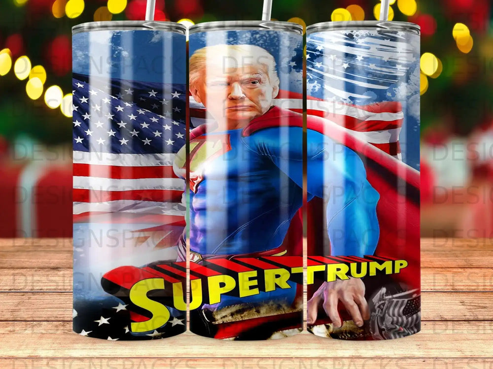 Donald Trump as Superman with American flag and "SUPERTRUMP" text.