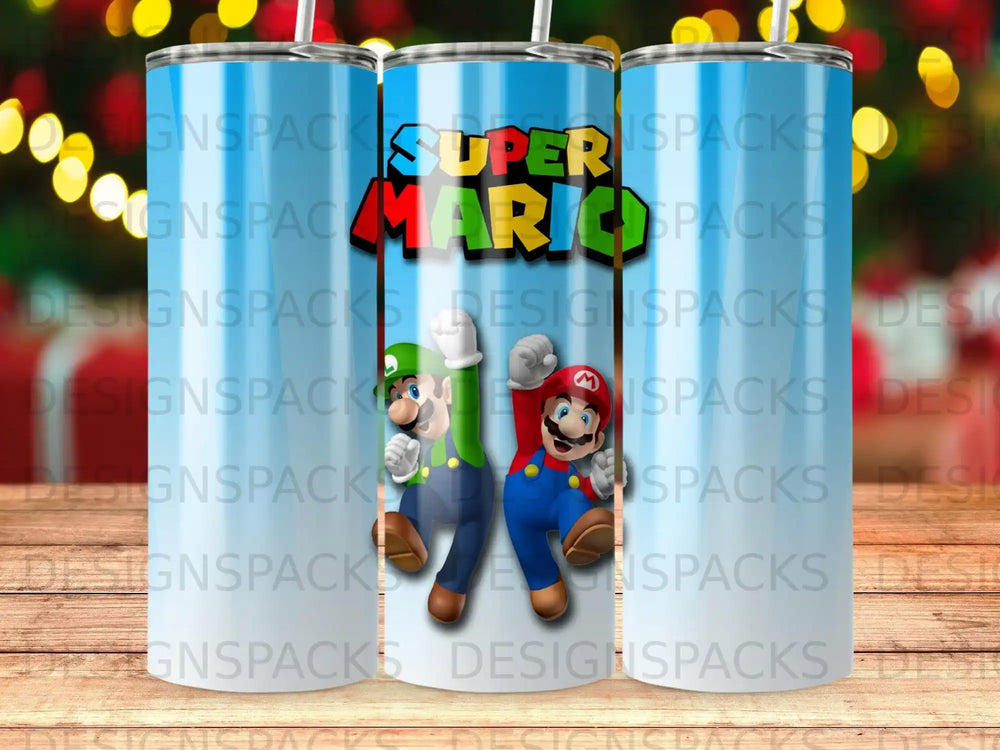 Mario and Luigi characters on a blue tumbler with a "Super" graphic.