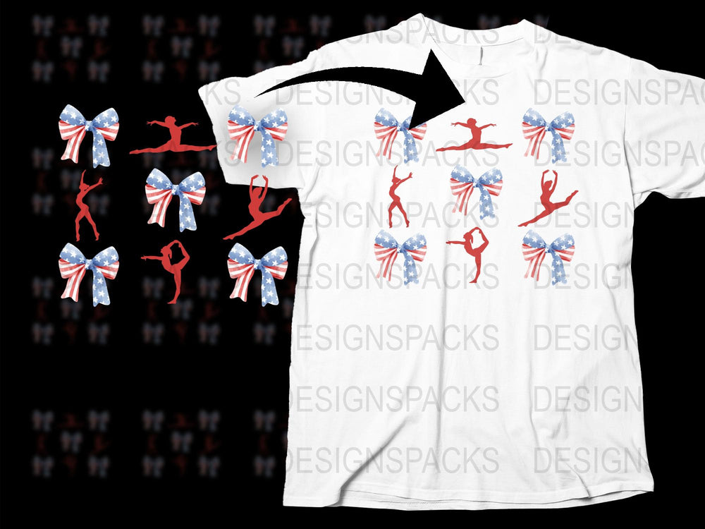 Stylish Gymnastics T-Shirt with Red Silhouette Gymnasts and Blue Bows, Gift for Gymnasts, Athletic Wear