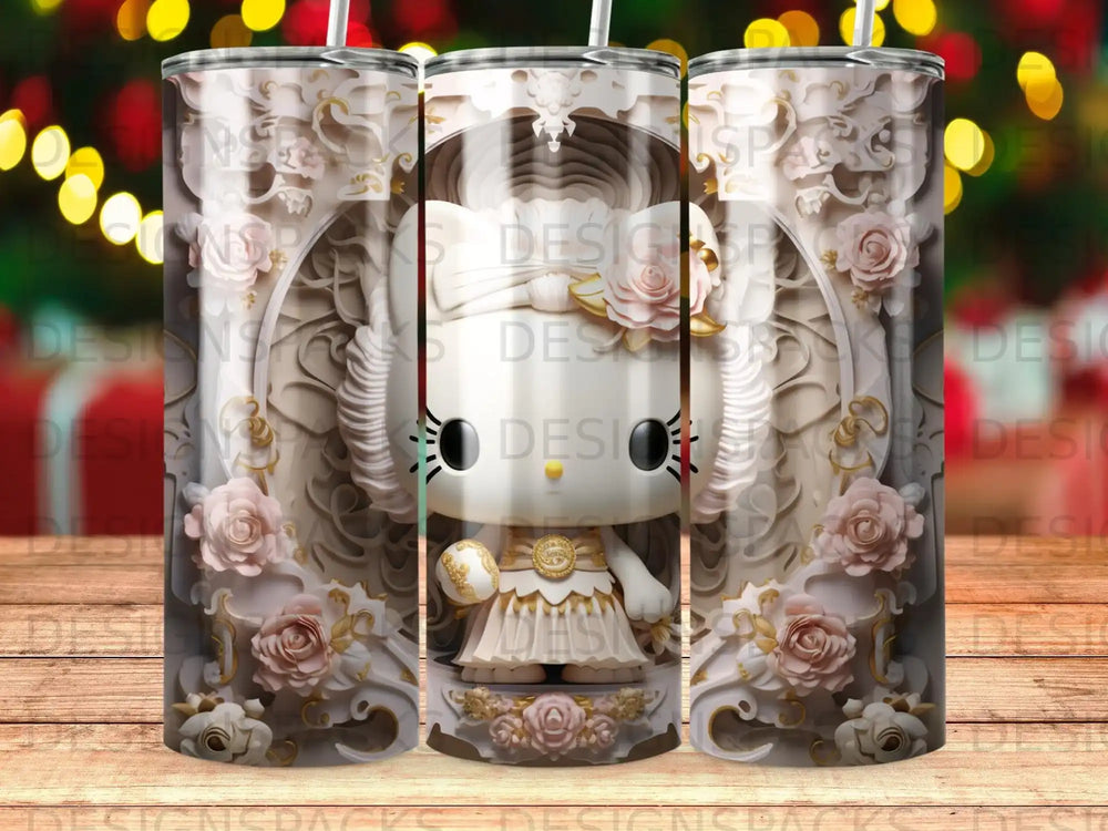 Kitty with roses and ornate frame on a tumbler design.