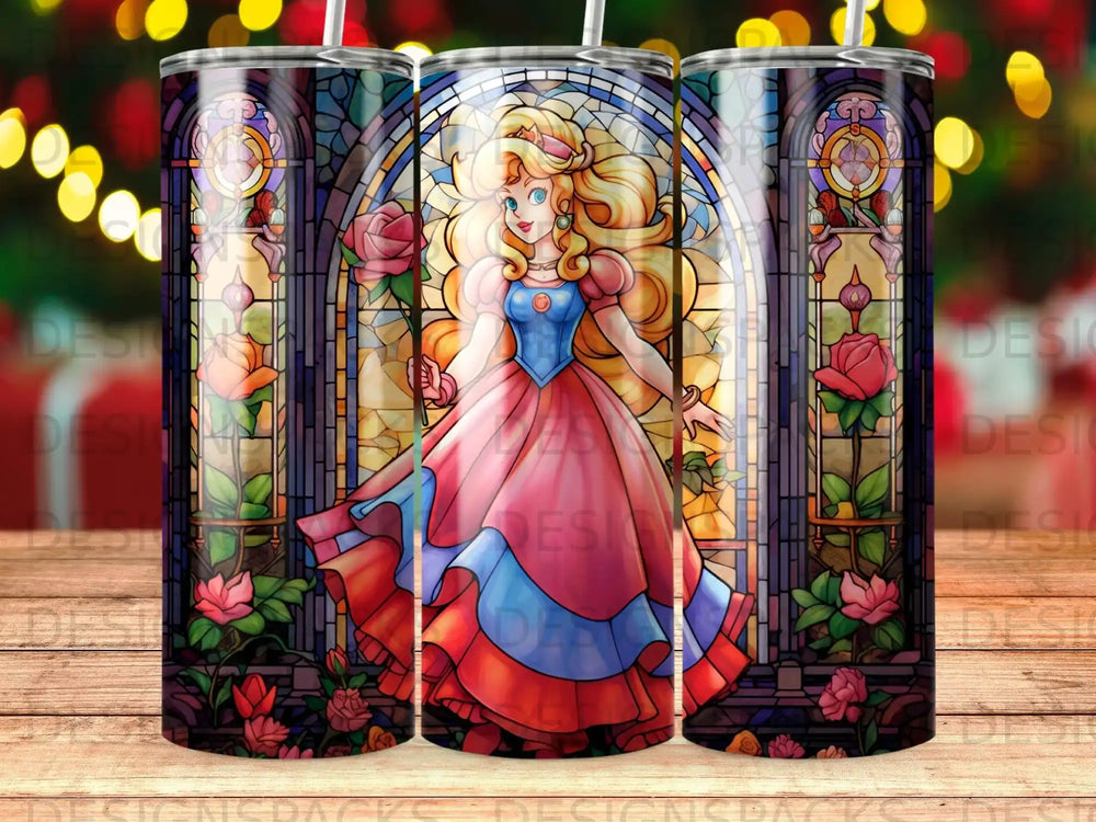 Princess Peach in stained glass, holding roses, on a tumbler.