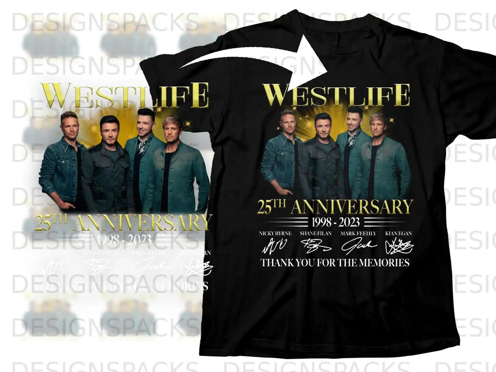 Westlife band members in front of a "25th Anniversary 1998-2023" graphic with signatures.