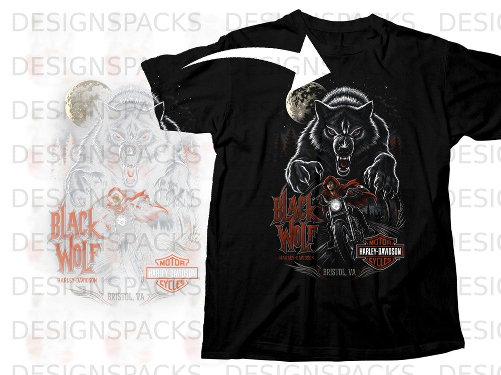 Black wolf with rider on motorcycle, moon, and Harley-Davidson logo.
