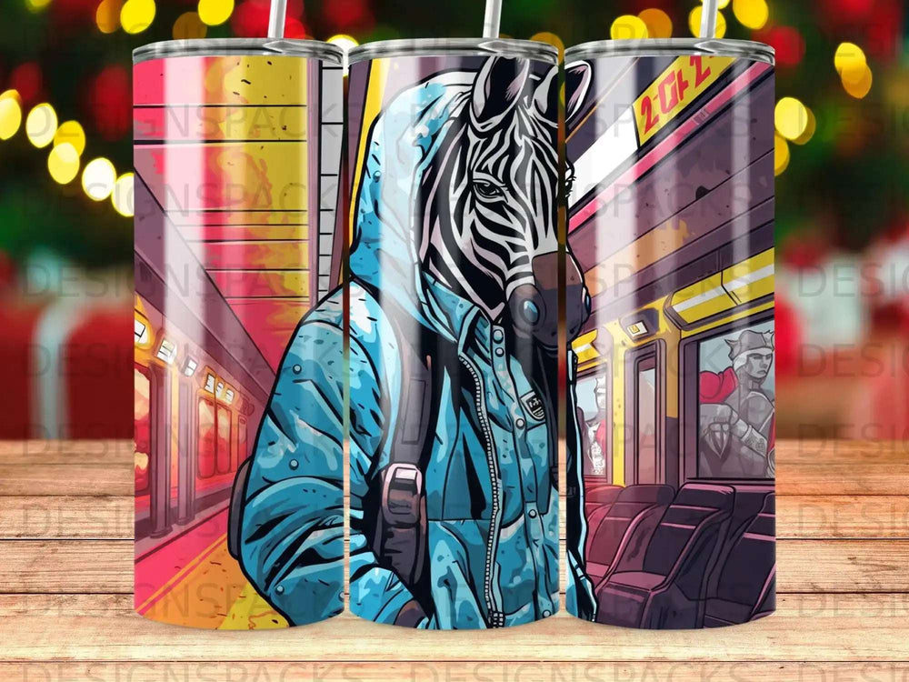 Zebra wearing a blue jacket and backpack on a subway.