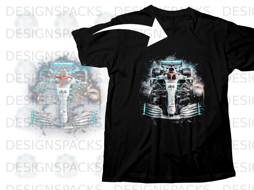 Black t-shirt with a graphic of a white Mercedes Formula 1 car with "Petronas" branding.