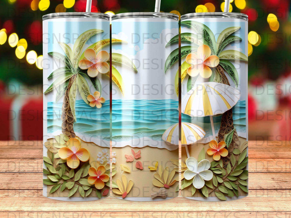 Beach scene with palm trees and umbrellas on a tumbler wrap.
