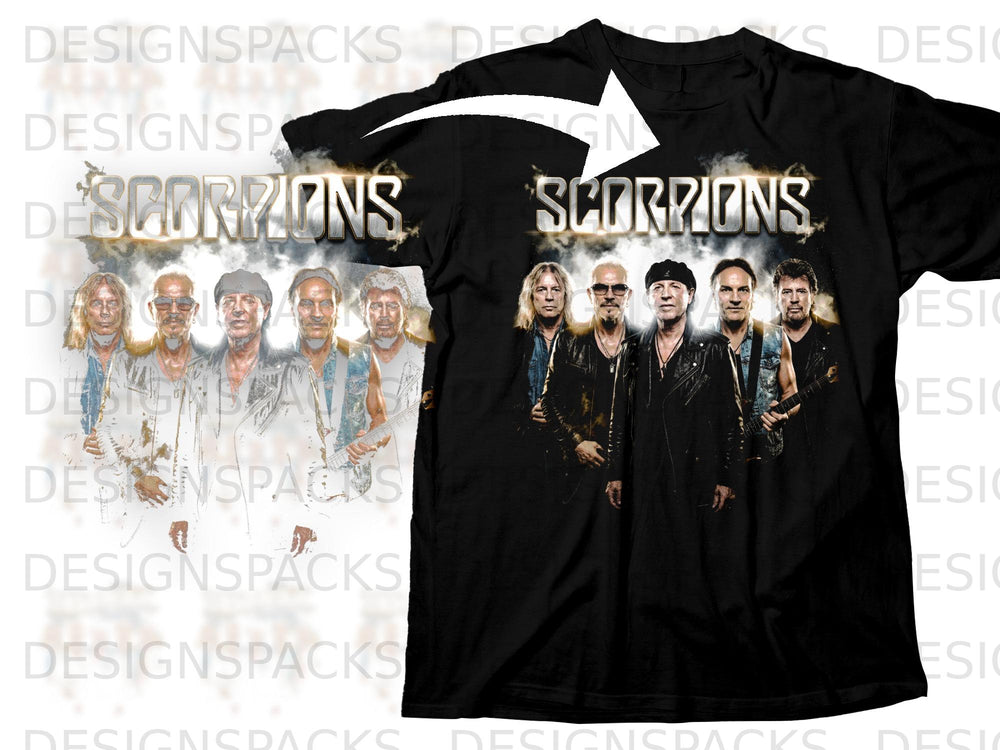 Black t-shirt featuring the Scorpions band members and logo.