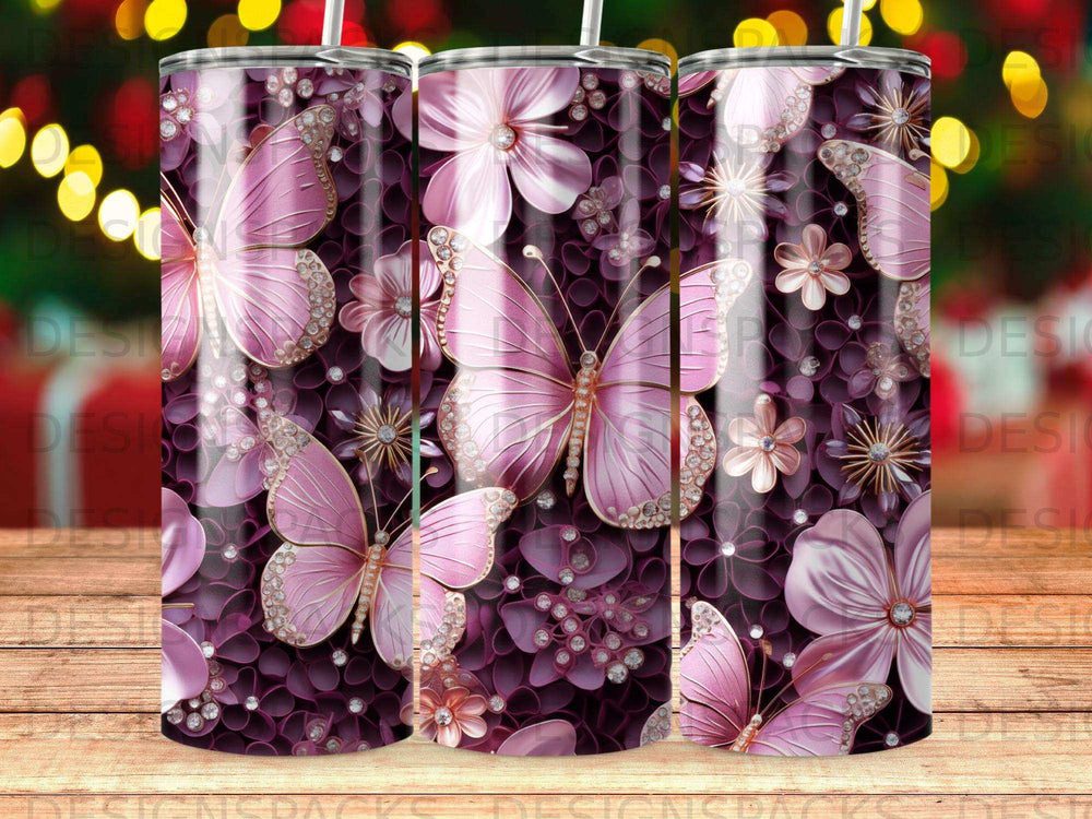 Pink butterflies and flowers with diamond accents on a tumbler.