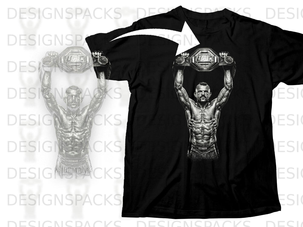 Black t-shirt with illustration of fighter holding UFC championship belt.