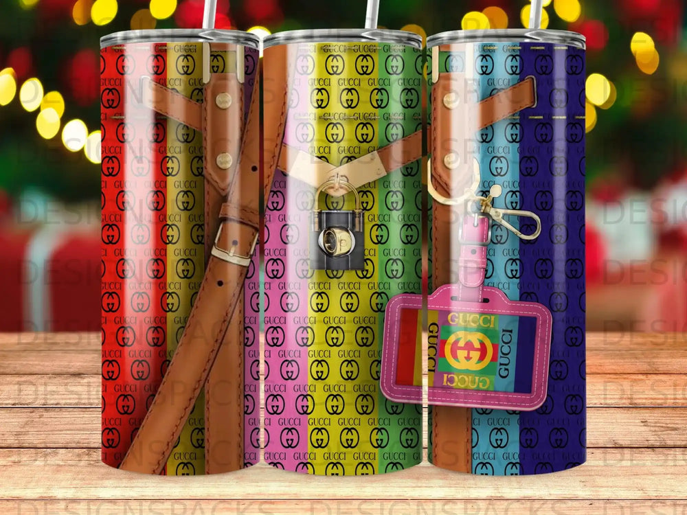 Collage of Gucci logo patterns with a bag charm on a tumbler.