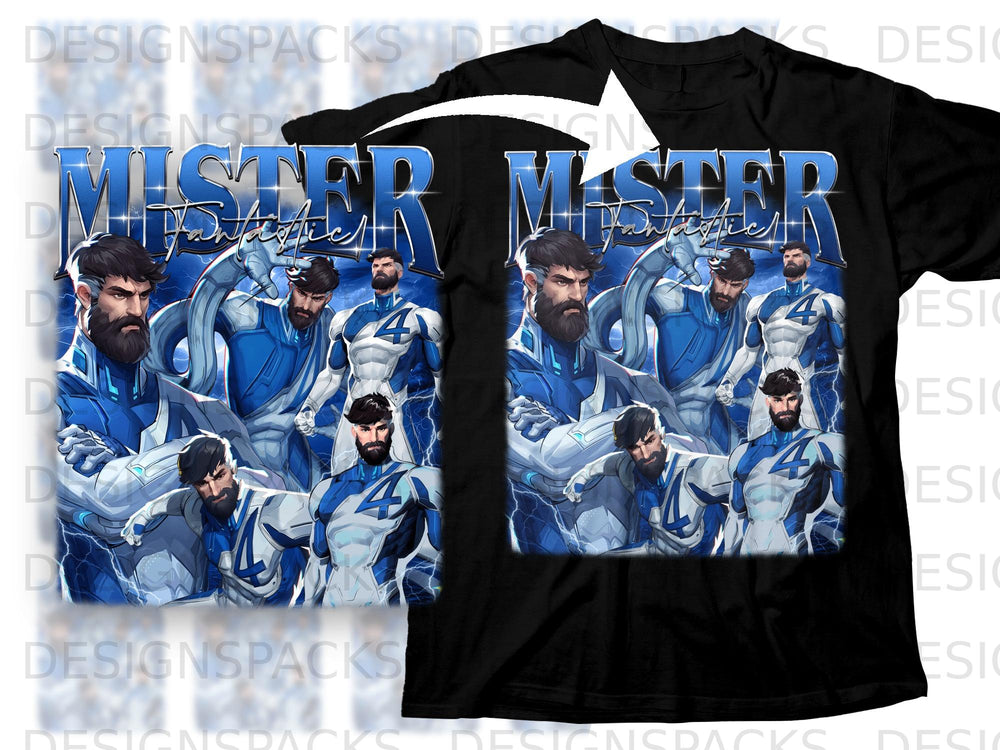 Mister Fantastic characters in blue and white costumes on a black t-shirt design.