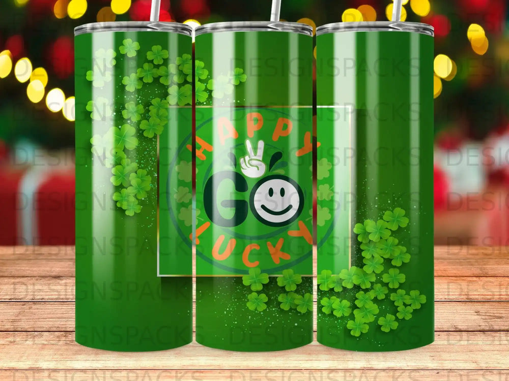Green tumbler with "Happy Go Lucky" text and shamrock pattern.
