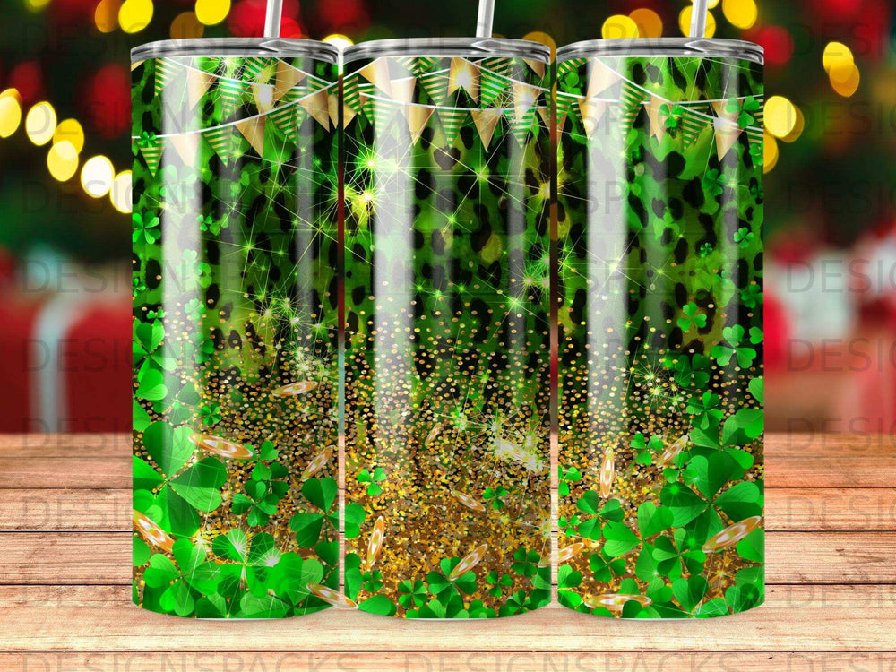 Green shamrocks and gold glitter adorn a festive St. Patrick's Day tumbler.