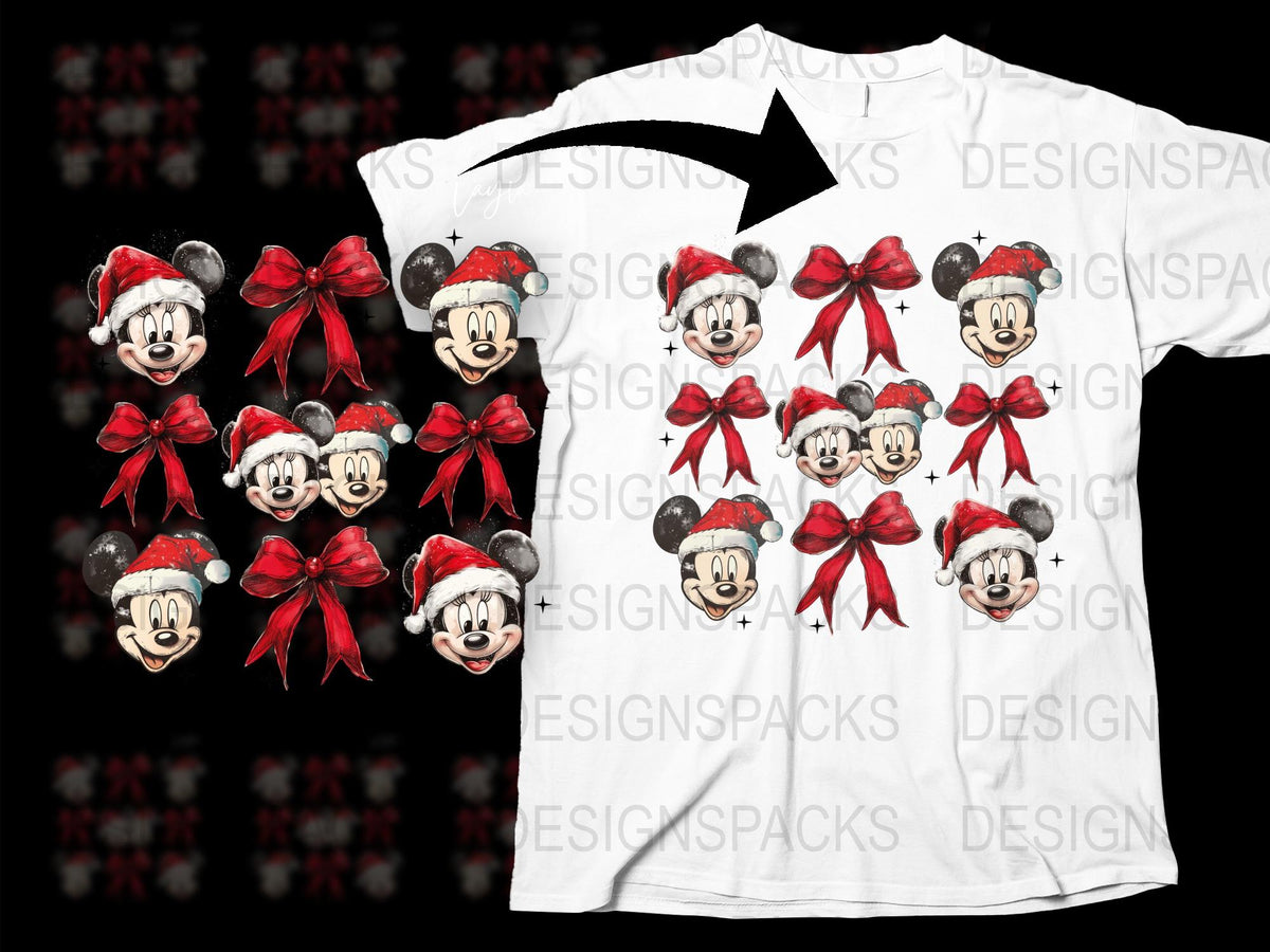 Disney Mickey Mouse Christmas T-Shirt, Festive Holiday Tee with Red Bows, Kids and Adult Sizes Available