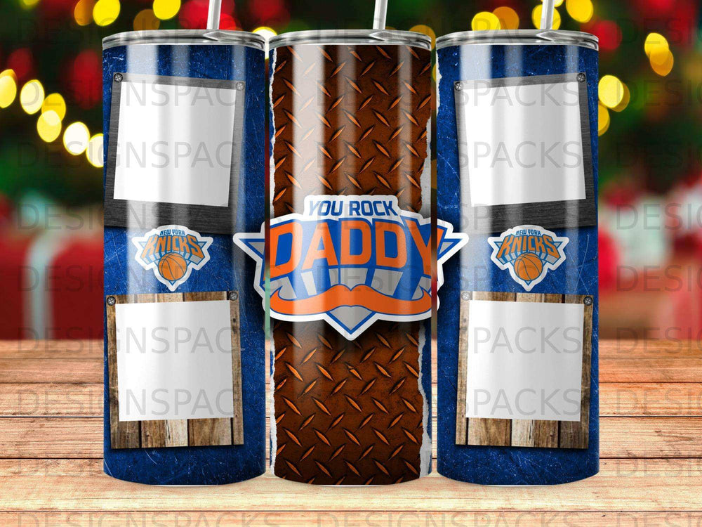 New York Knicks "You Rock Daddy" tumbler with diamond plate and wood grain design.