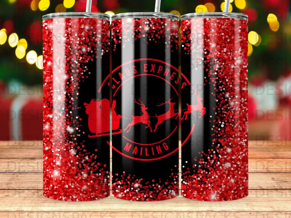 Red glitter tumbler with Santa's sleigh and "Santa Express Mailing" text.