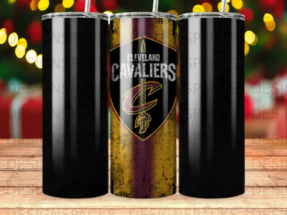 Cleveland Cavaliers logo on a textured, metallic tumbler.