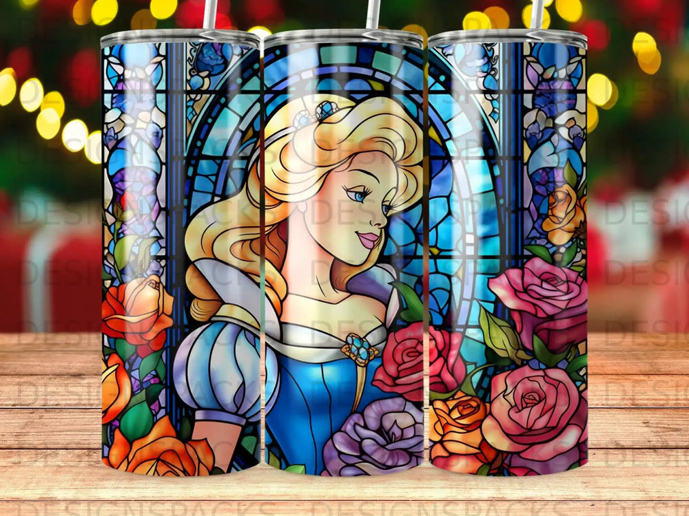 Cinderella in a blue gown with roses, framed by stained glass.