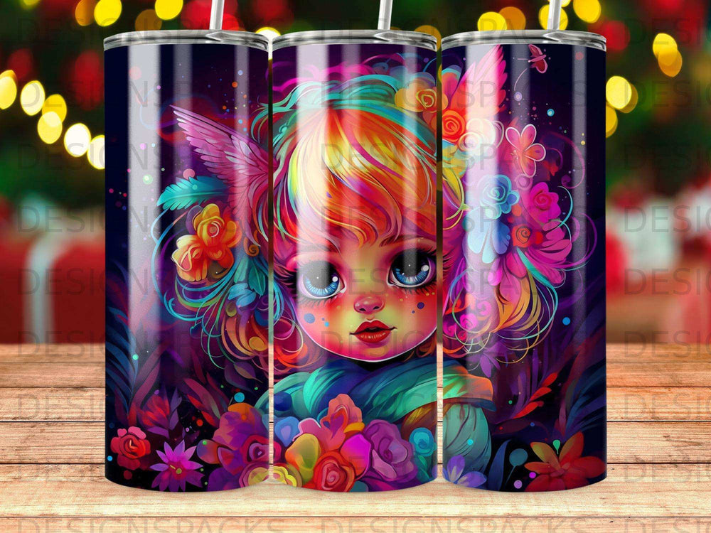 Fantasy art tumbler with whimsical fairy girl, colorful flowers, and starry background.