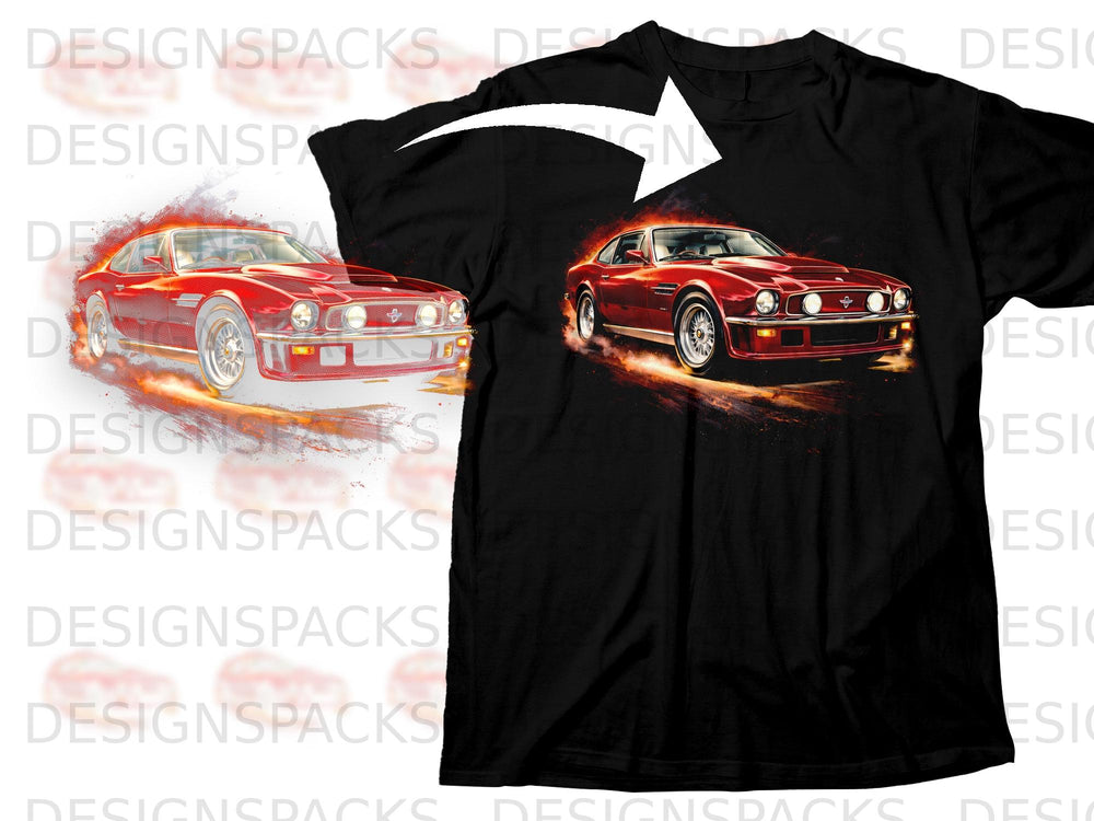 Black t-shirt with a graphic of a red vintage sports car with flames.