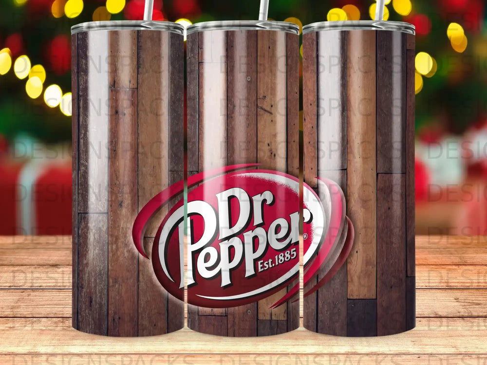 Dr Pepper logo with wood grain background on a tumbler.