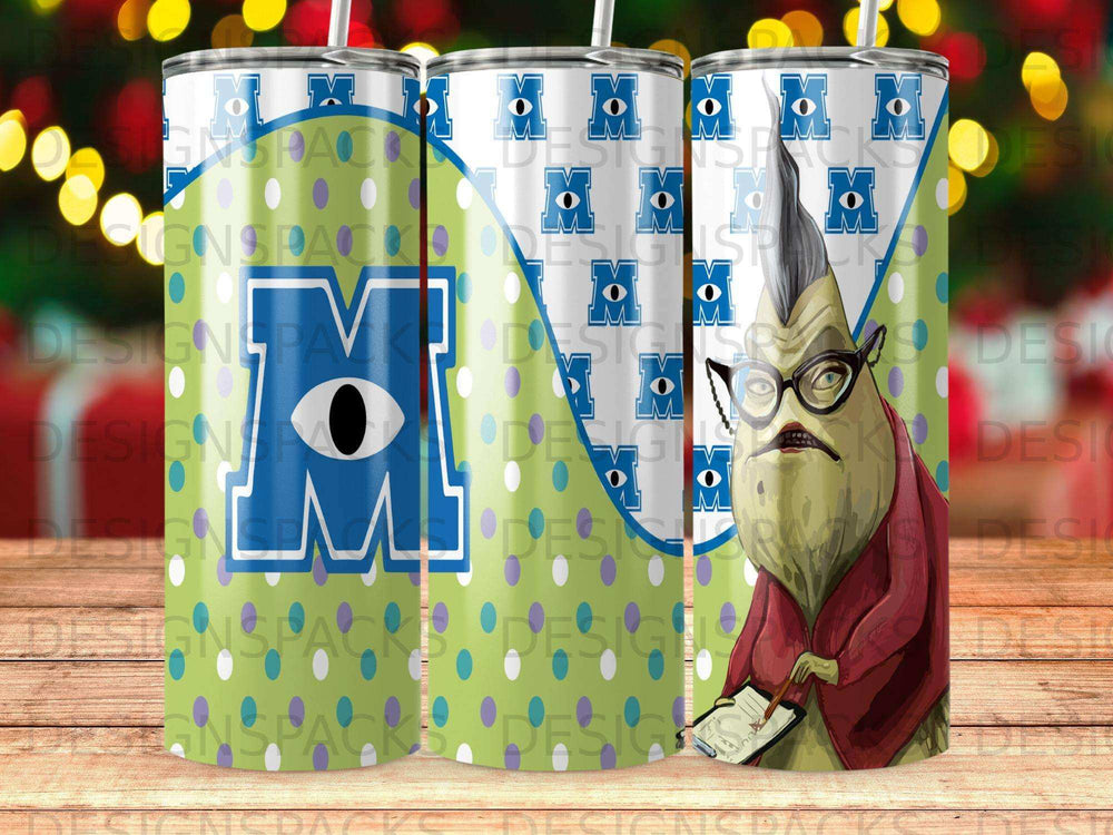 Mike Wazowski from Monsters, Inc. on a patterned tumbler.