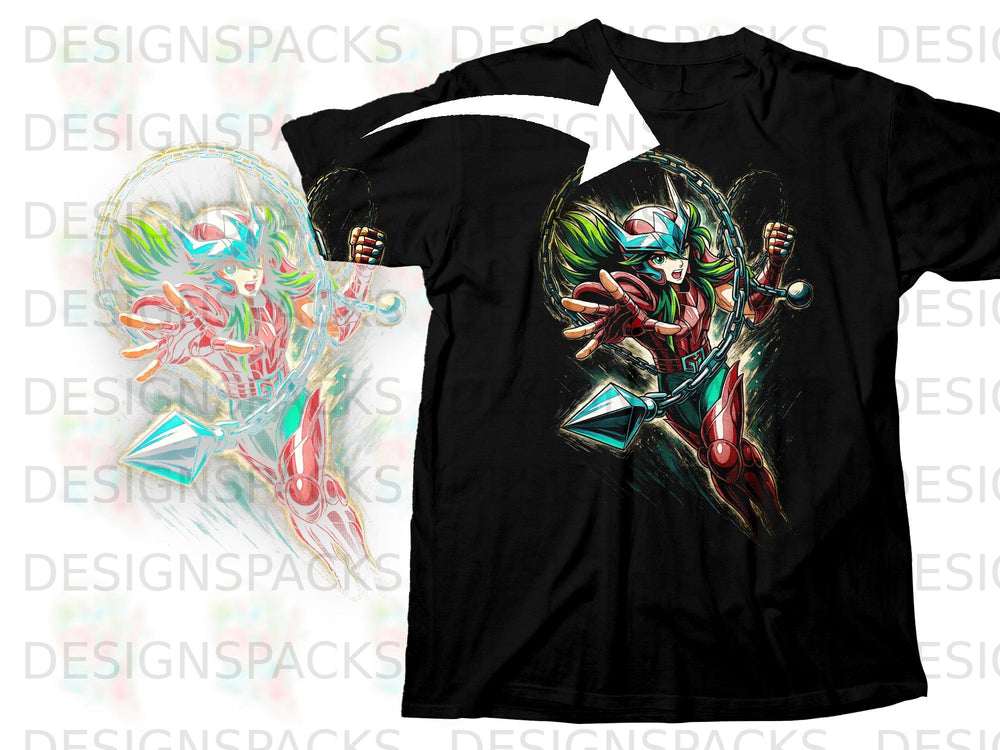 Black t-shirt with an anime character in red, green, and blue armor holding chains.