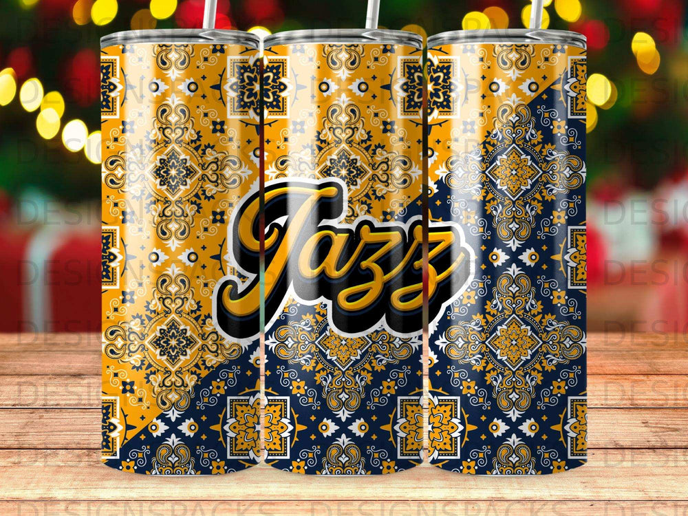 Blue and gold patterned tumbler with the word "Jazz" in yellow and white.