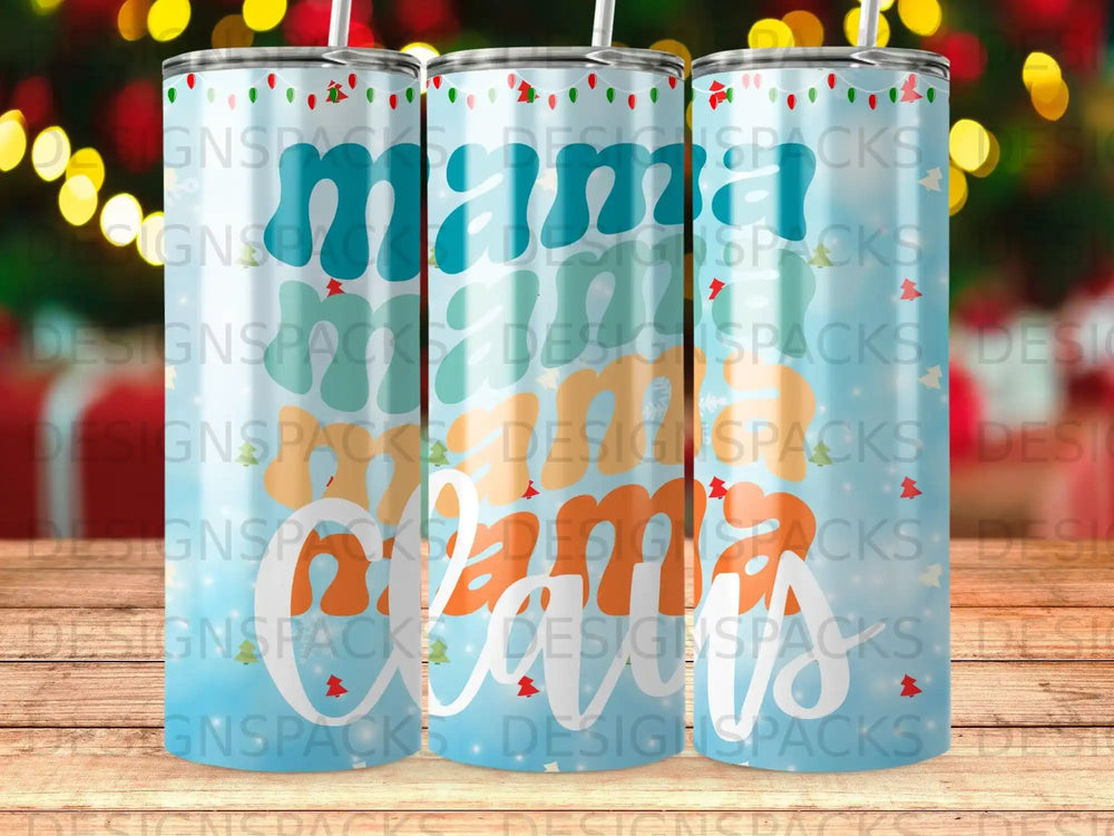 Tumbler with "Mama" in colorful glitter letters and subtle Christmas lights background.