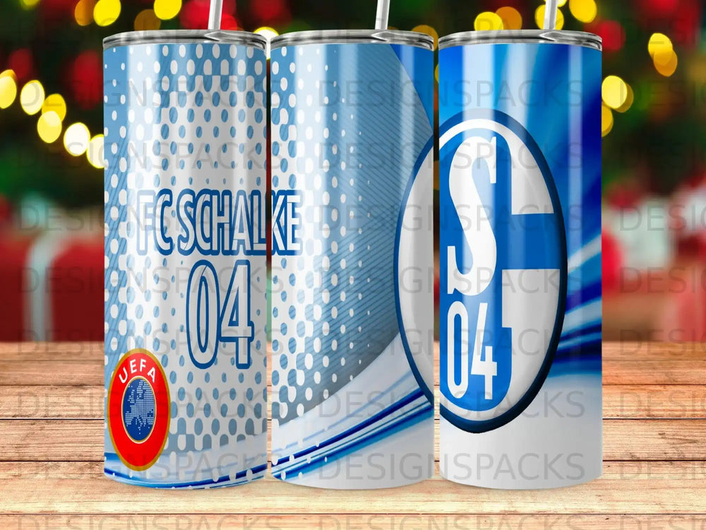 FC Schalke 04 logo on a blue and white patterned tumbler.