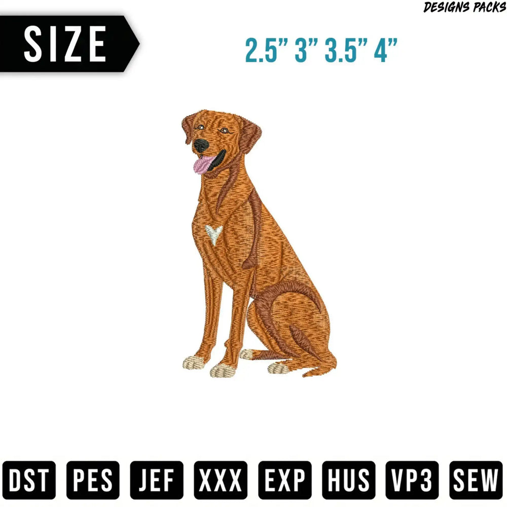Embroidery design of a brown brindle dog with sizes 2.5" to 4".